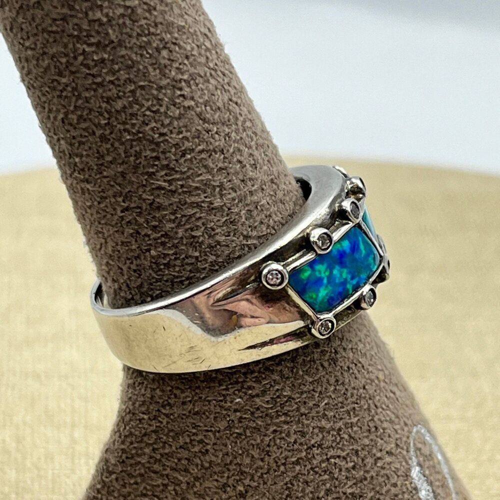 Large Sterling Silver Blue Synthetic Opal Narrow Dome Ring for Women CZ Accent - Picture 4 of 9